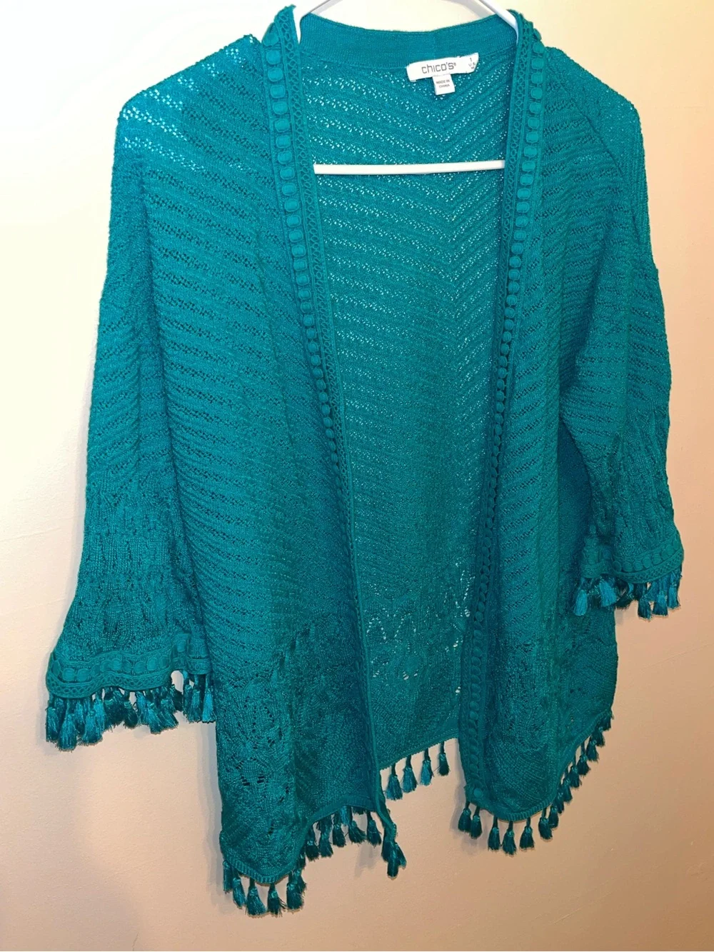 Chicos Womens Teal Long Sleeve Open Front Knit Cardigan Tassel Trim Size 1 M EUC